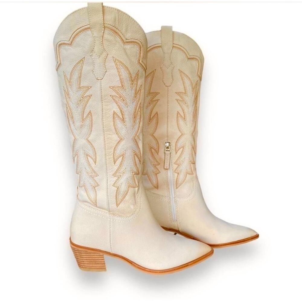 Dolce Vita Shiren Tall Western Cowboy Boots Sz 8 Beige Sand Nubuck Pointy Toe